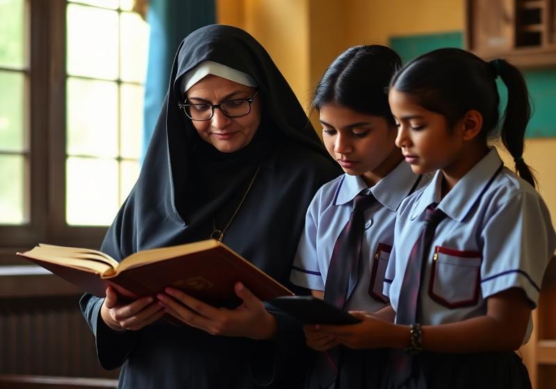 A sister reading with two students